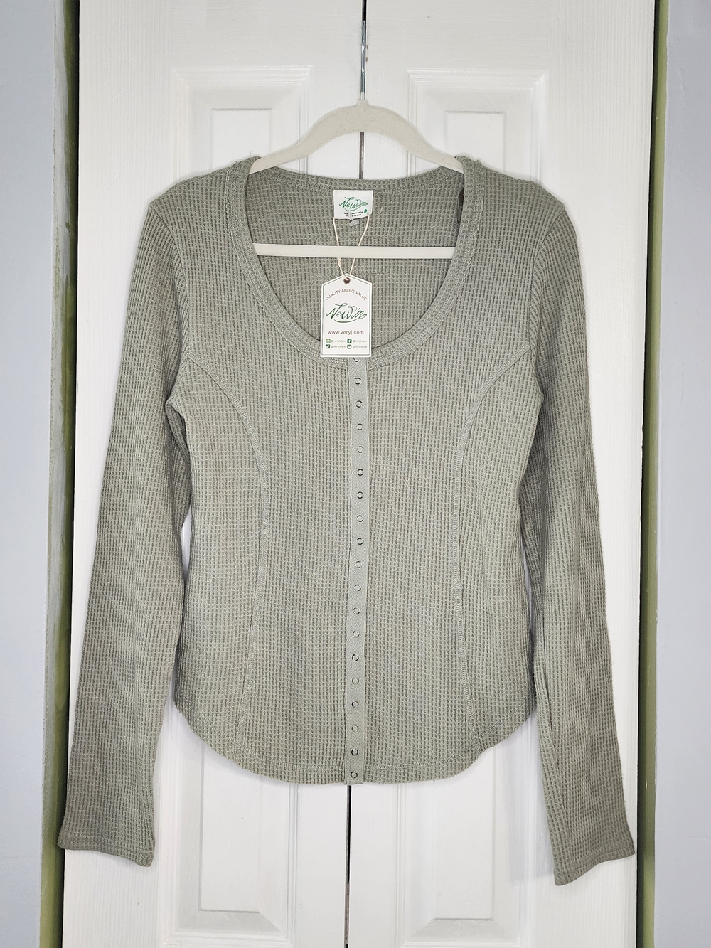 Faux Snap-Front Waffle Knit Thermal - Olive Green Size L